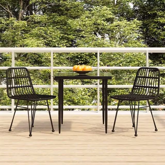 Berkfield Home 3 Piece Black Poly Rattan Garden Dining Set with Glass Top and Powder Coated Steel Frame – 1