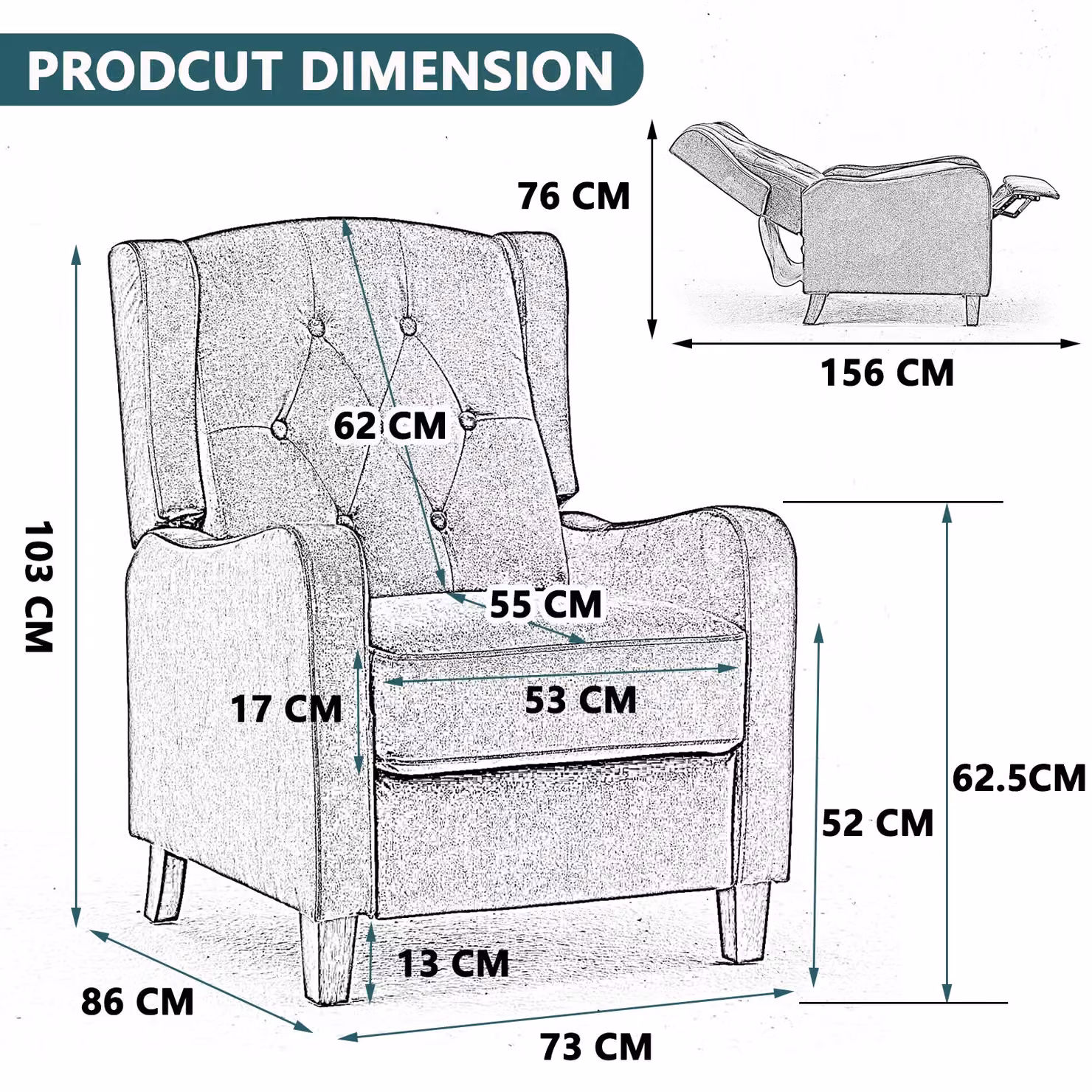 FURNITURE ONE Green Velvet Wingback Recliner Armchair with Adjustable Backrest and Integrated Footrest – 4
