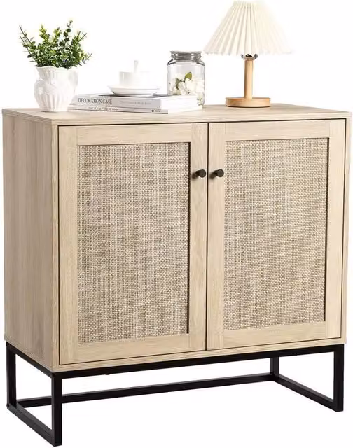 VOGREX Set of 2 Modern Rattan Entryway Storage Cabinets in Light Oak and Black with Brown Accents