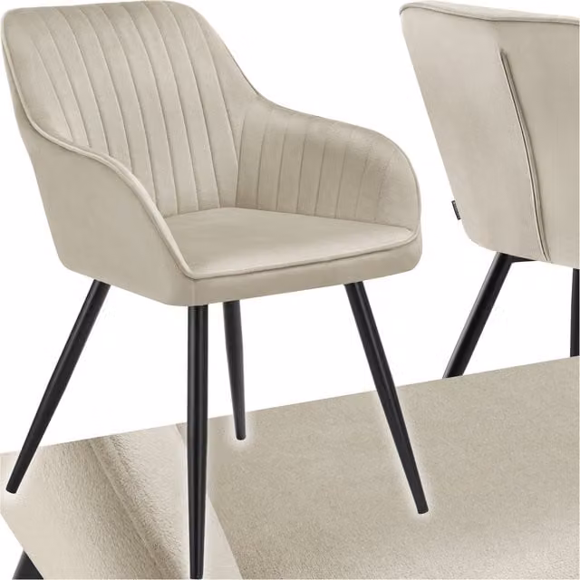 Tectake Modern Upholstered Dining Chair in Beige Velvet with Silver Metal Legs