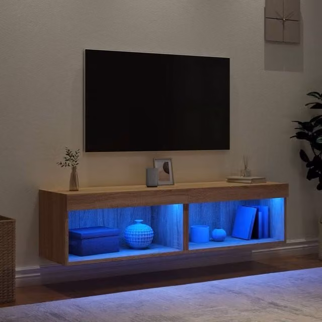 Berkfield Home Set of 2 Sonoma Oak TV Cabinets with LED Lights in Tan, W/D/H: 60 x 30 x 30 cm – 1