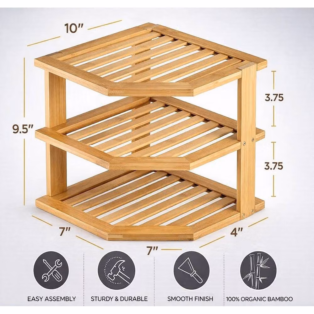 KORVIXA 3 Tier Stackable Bamboo Corner Plate Rack Organizer in Brown, W/D/H: 100 x 100 x 100 cm – 2