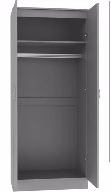 FORGEVIO Grey High Gloss 2 Door Wardrobe with Hinged Doors and Internal Shelving
