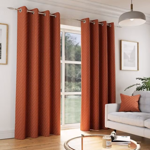 Enhanced Living Tokyo Orange Velvet Embossed Eyelet Thermal Darkening Curtains, Pair, Orange, Width: 229 cm, Height: 168 cm