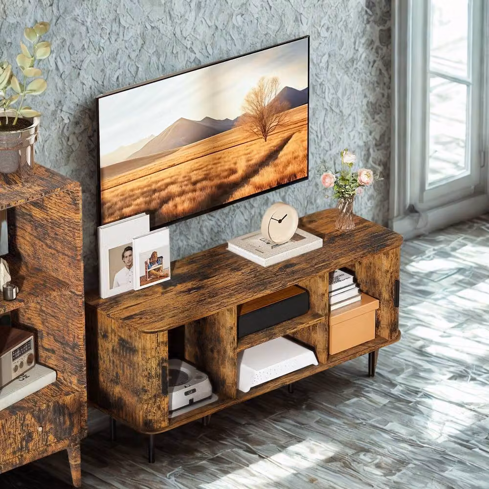 FURNOS Industrial TV Stand Unit with Storage Cabinets in Brown and Black, W/D/H: 120 x 40 x 55 cm – 4