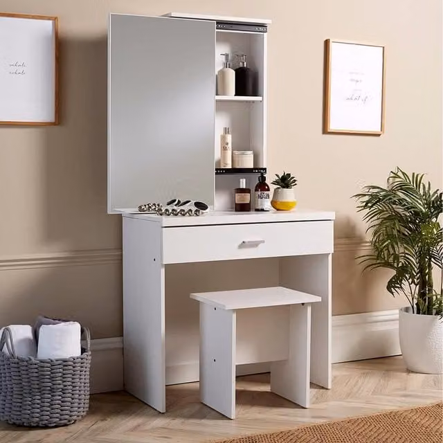 Home Source Berlin Dressing Table with Sliding Mirror and Stool Set in White