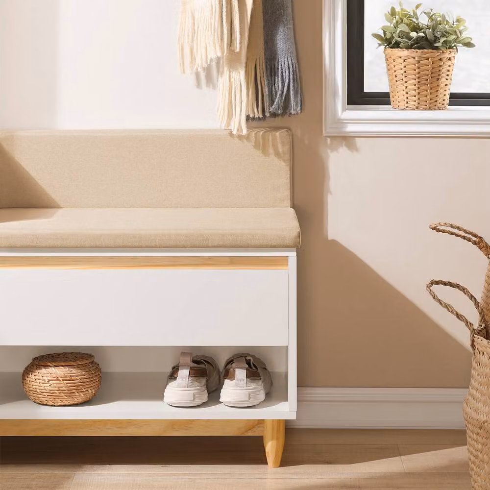 SoBuy Scandinavian Style Entrance Bench with Rattan Shoe Rack Storage in White and Beige – 4