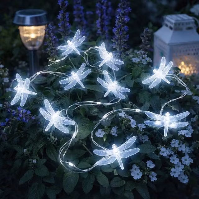 Voltico 20 LED Solar Dragonfly String Lights in Cool White for Outdoor Garden Decor