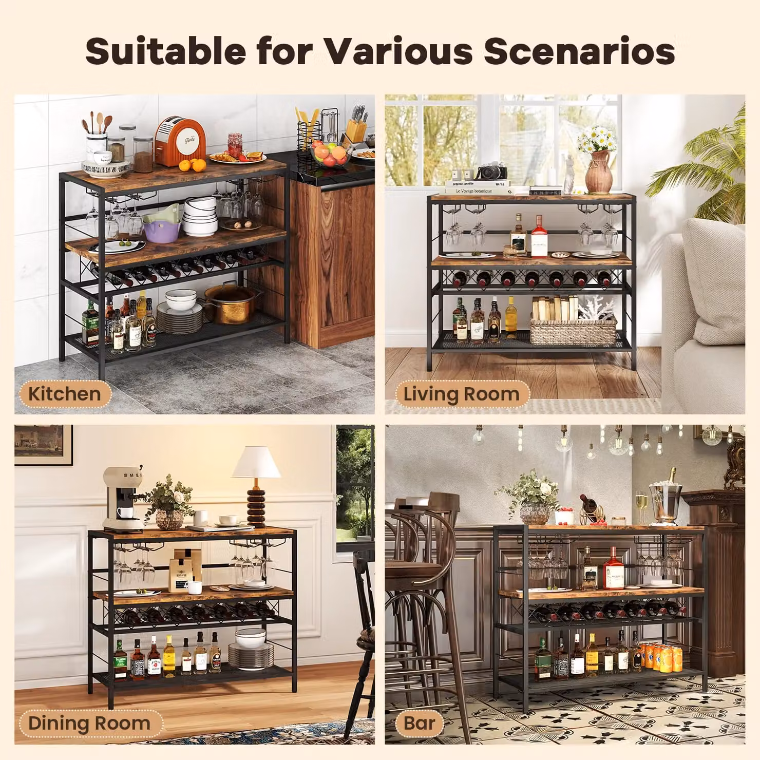Gymax Industrial Freestanding Wine Bar Table with 4 Glass Holders in Brown – 2