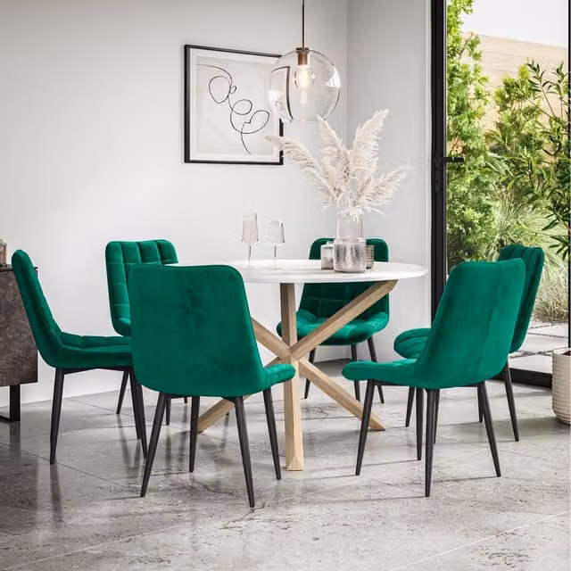 More4Homes Malvern Round Marble Effect Dining Table Set with Oak Legs and 6 Green Nova Velvet Chairs, W/D/H: 120 x 120 x 75 cm