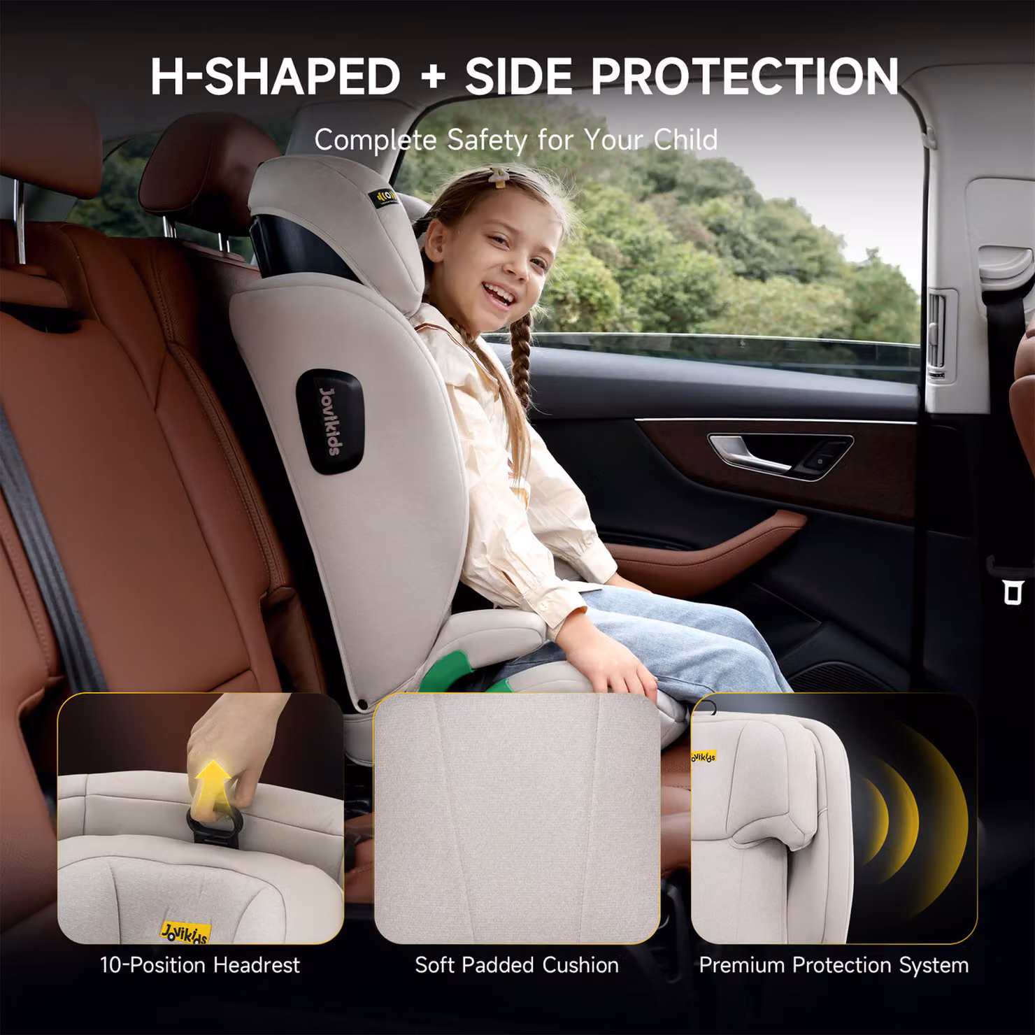 Aosom UK Highback Booster Seat with ISOFIX and I-Size R129, Adjustable Car Seat with 10-Position Headrest for 100-150 cm, Beige, W/D/H: 46 x 44 x 80 cm – 5