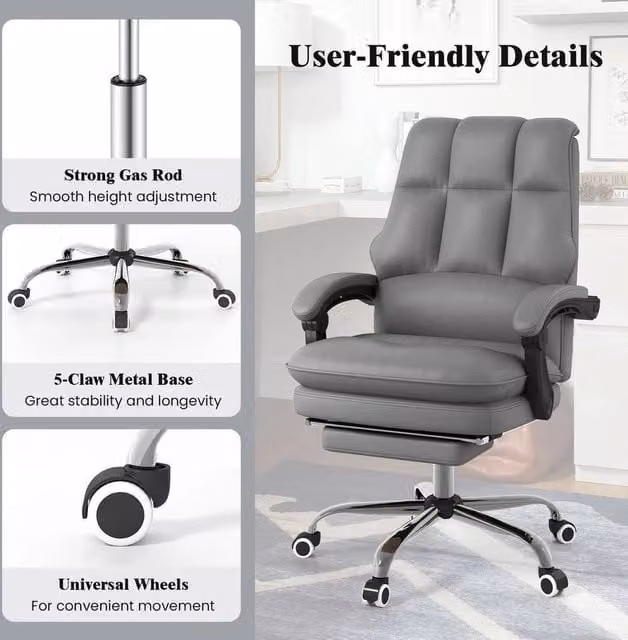 EONLION Ergonomic Grey PU Leather Swivel Office Chair with Headrest and Armrests
