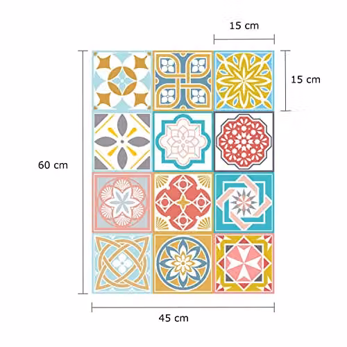 WALPLUS WT1521 Malia Mediterranean Geometric Tile-Look Adhesive Wall Stickers, Multicolour, 24 pcs, 15 x 15 cm – 3