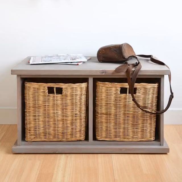 Tetbury Acacia Bench with Storage Baskets in Grey-Wash and Brown, W/D/H: 77 x 40 x 46 cm