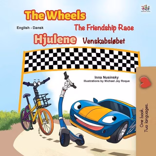 Kidkiddos Books The Wheels - The Friendship Race English Danish Bilingual Multicolour Paper Book