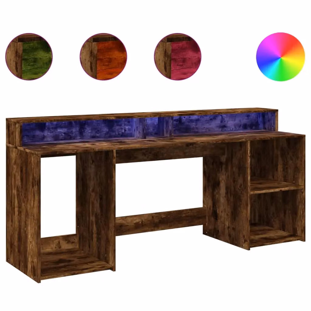 Berkfield Home Gaming Desk with LED Lights in Smoked Oak Brown, W/D/H: 200 x 55 x 91 cm – 2