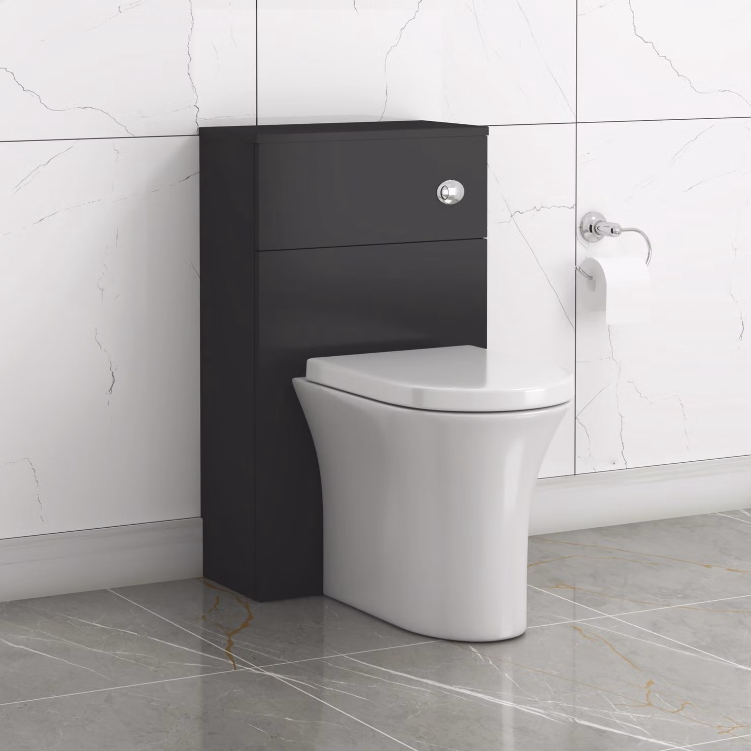 Royal Bathrooms Turin Wall Mounted Matt Black BTW WC Unit with Breeze Rimless Ceramic Toilet Pan, Seat and Cistern, Width: 50 cm