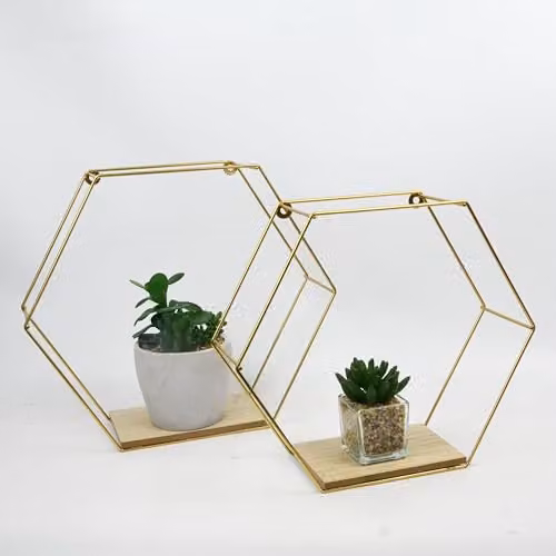 SPOT ON DEALZ Set of 2 Gold Hexagon Metal and MDF Wall Mounted Floating Shelves – 2