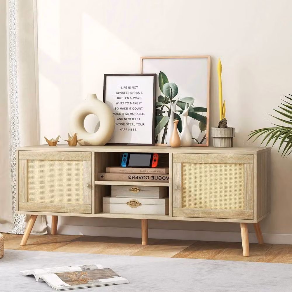 FORGEVIO Boho Rattan Media Console Table with 2 Cabinets and Open Shelves in Beige – 3