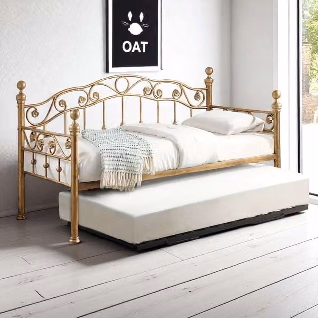 OAT Home Mayfair Vintage Metal Single Day Bed with Guest Trundle in Antique Brass and Black, 90 x 200 cm