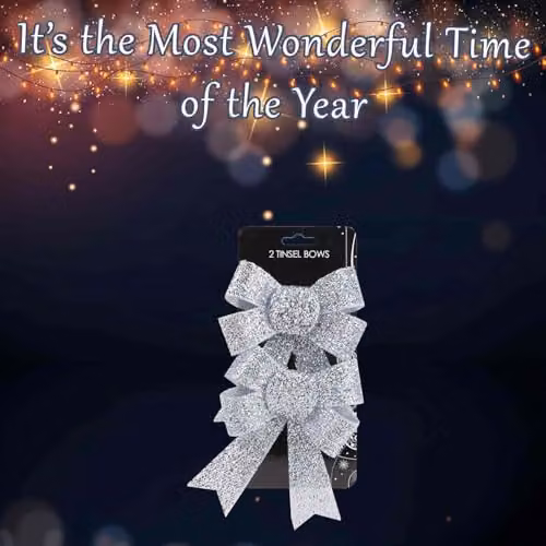 VFM e-Store Silver Tinsel Bows Christmas Decorations, Pack of 2, W/D/H: 13 x 17 x 4.5 cm – 4