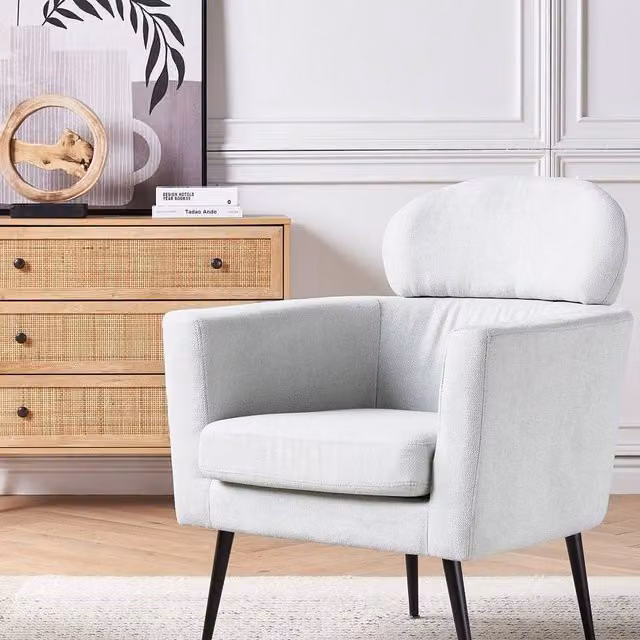 Wyld and Coco Retro Glam Armchair in Light Grey Fabric with Oval Headrest