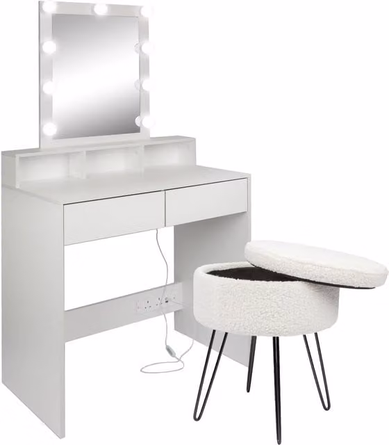 Harbour Housewares Modern Wooden Dressing Table Set with LED Lights and Stool in White or Beige – 1