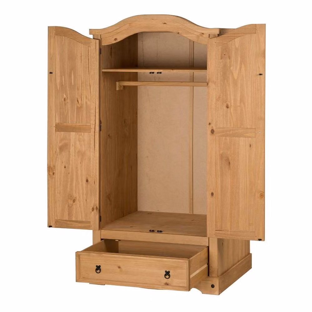 FORGEVIO Mexican Style 2 Door Wardrobe with Integrated Drawer in Natural Pine and Brown Wood – 2