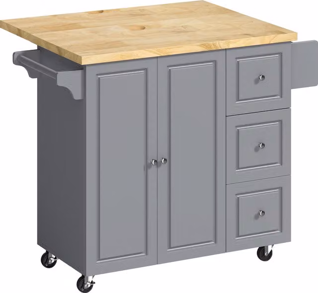 HOMCOM Grey Rolling Kitchen Island Trolley with Drop Leaf, Drawers, Towel and Spice Rack – 1