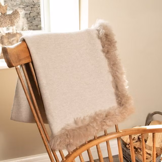 Native Natural Woven Wool Blanket with Sheepskin Trim in Brown, Grey or Beige