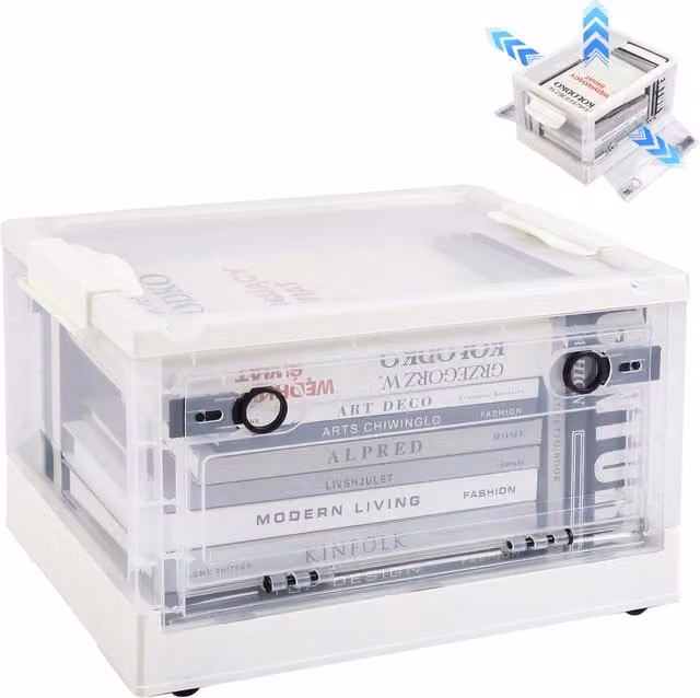 Livingandhome Foldable Plastic Storage Box with Lid and Wheels in White and Transparent