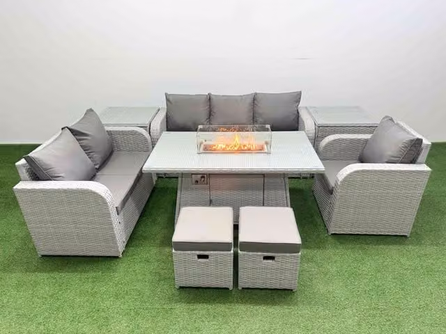 Fimous Patio 8 Seater Grey Rattan Outdoor Furniture Set with Firepit Dining Table, 3 Seater Sofa, Loveseat, Reclining Chairs, Stool and Ottoman