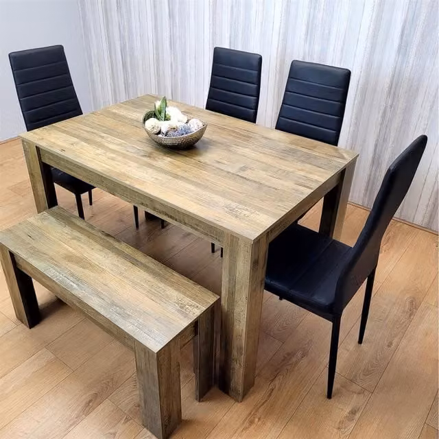 Kosy Koala Rustic Dining Table Set for 6 with 4 Chairs and 1 Bench in Black
