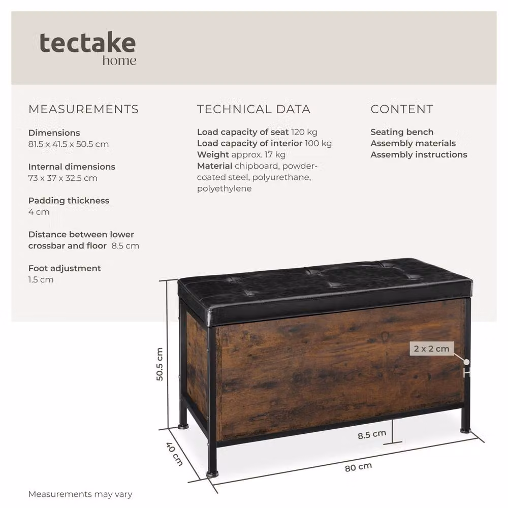 tectake Calico Storage Bench in Dark Brown with Synthetic Leather and Industrial Wood and Metal Design – 6