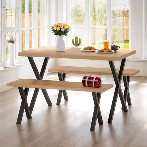 Seconique Buxton Dining Table and Benches Set in Brown and Black