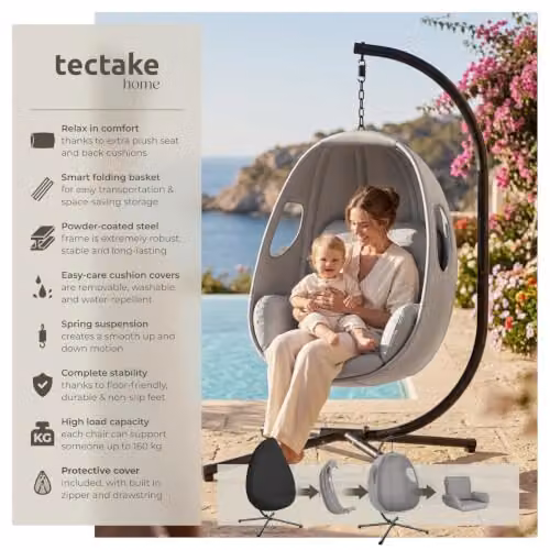 tectake Hanging Egg Chair Anika in Grey with Frame and Extra Thick Cushion – 4
