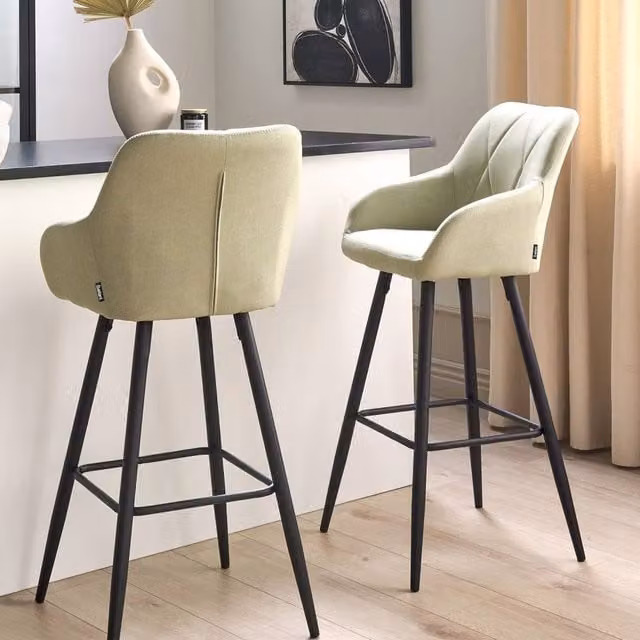 Wyld and Coco Set of 2 Green Diamond-Stitched Upholstered Bar Stools with Arms