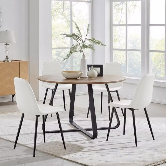 FurnitureboxUK Santorini Brown Round Dining Table and 4 Corona Black Leg Chairs in White