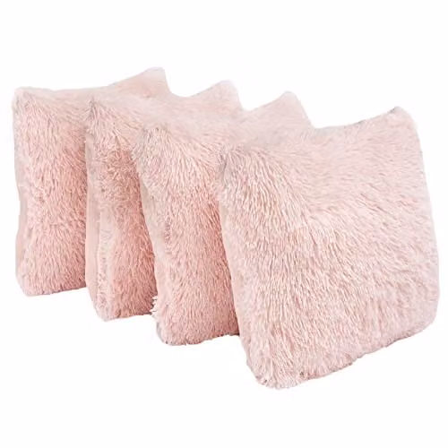 Sienna Pack of 4 Square Plush Coral Fleece Cushion Covers, Pink, 45 x 45 cm