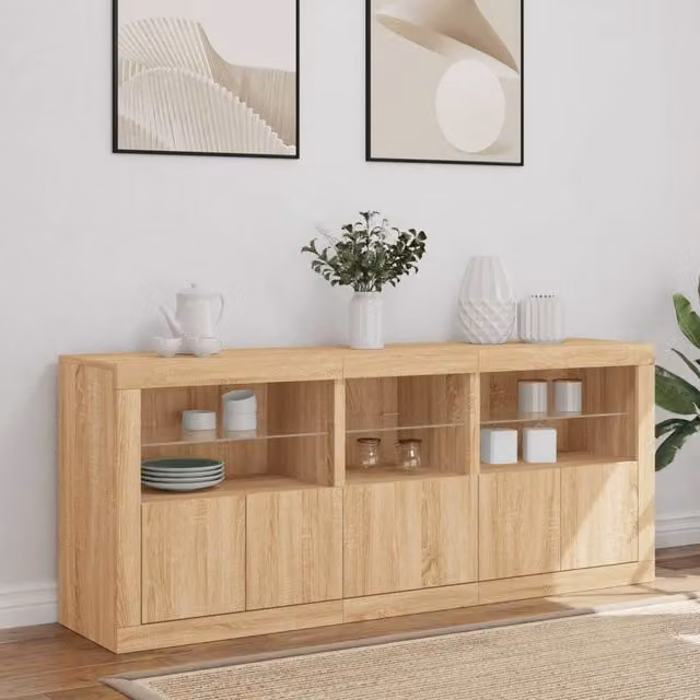 Berkfield Home Sonoma Oak Sideboard with Integrated LED Lights in Tan, W/D/H: 162 x 37 x 67 cm