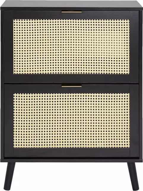 Home Garden Direct Craven Cane Shoe Cabinet in Black and Brown with Rattan Doors and Internal Shelves