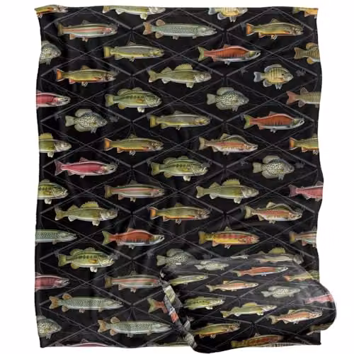JQ Licensing Fish and Crossed Fishing Rods Pattern Super Soft Fleece Throw Blanket, White, W/D/H: 152 x 127 cm