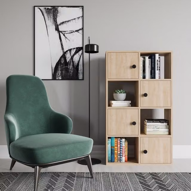 Decorotika Tasso Bookcase with Cabinets in Sapphire Oak Pattern Brown and Yellow