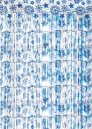 Netagon Blue Shimmer Tinsel Curtain with Snowflake Design, W: 100 cm, H: 200 cm
