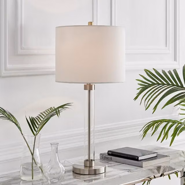 FurnitureboxUK Esme Table Lamp with Clear Glass, Silver Metal Base and White Fabric Shade, Including Bulb
