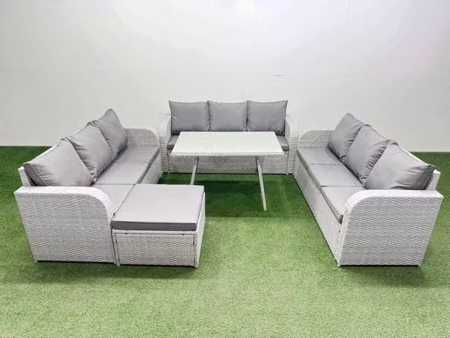 Fimous 10 Seat Outdoor PE Rattan Garden Furniture Set in Light Grey with Large Stool