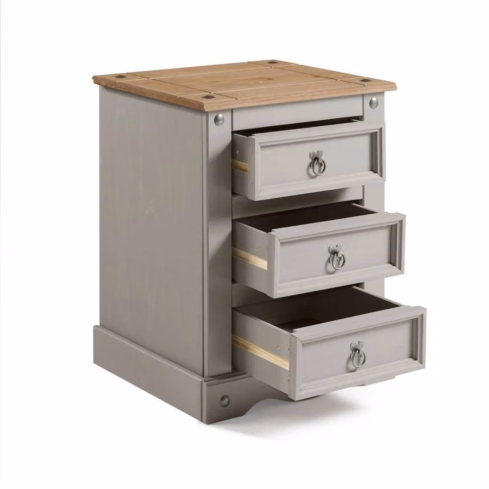 FORGEVIO Large Grey Painted 3 Drawer Bedside Cabinet in Rustic Pine Wood – 2