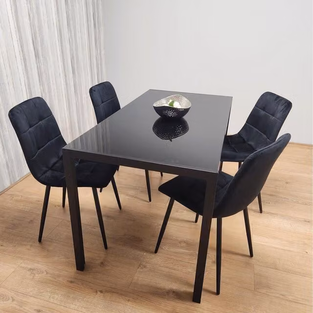 Kosy Koala Modern Rectangular Glass Dining Table and 4 Black and Grey Velvet Chairs Set