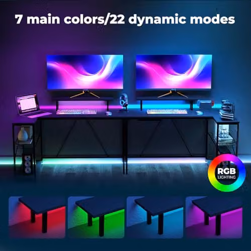 Levede L-Shaped Gaming Desk with RGB LED Lights and UK Power Outlets, Black – 2