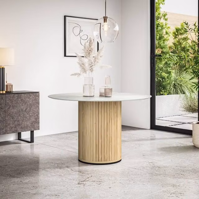 More4Homes Arlo Round Dining Table in White with Oak Legs, Diameter: 120 cm, Height: 75 cm